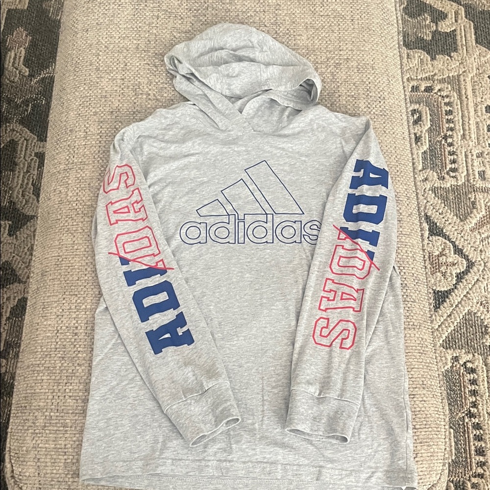 Adidas Gray Hoodie with Blue and Red Lettering